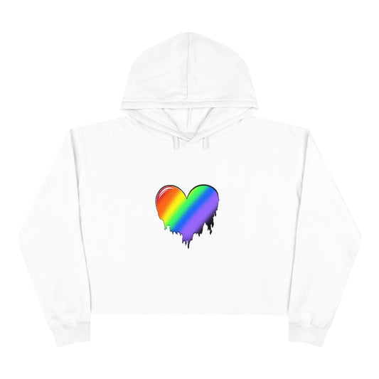 Melting Rainbow Heart crop top hoodie. White.